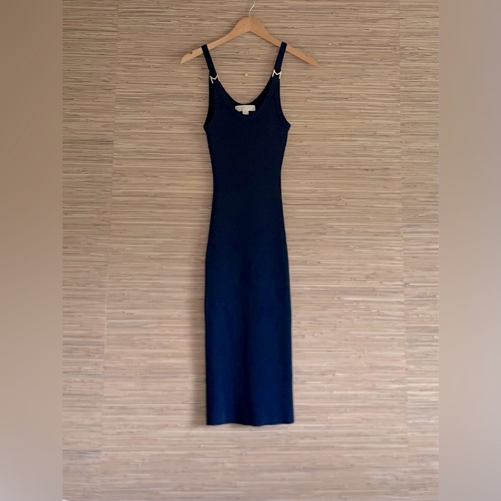 MICHAEL KORS Women's Ribbed Knit Blue Fitted Midi Dress